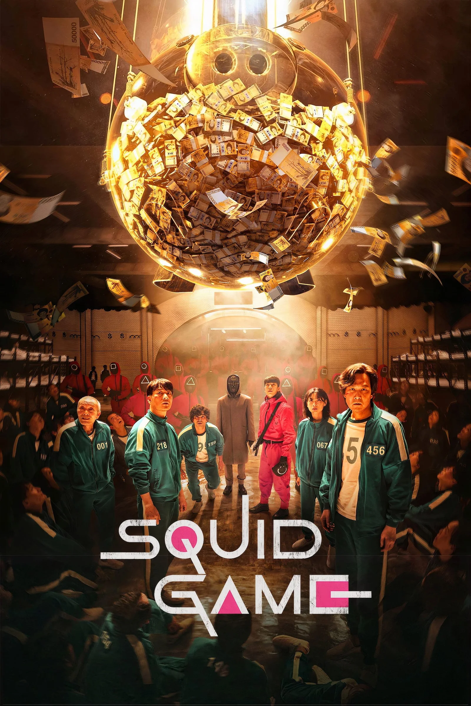 Plakat zur Serie Squid Game mit dem Sparschwein voller Geldscheine