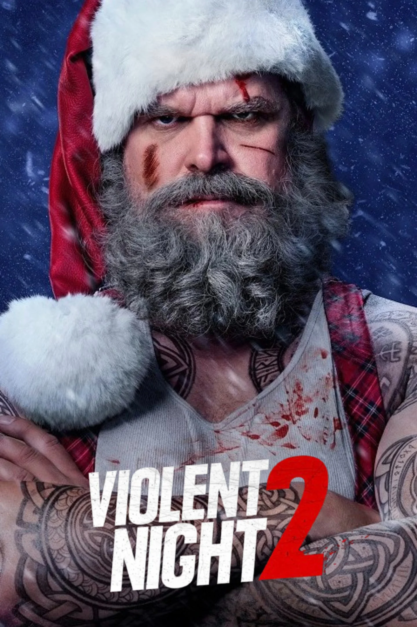 Plakat zu Violent Night 2 mit David Harbour als blutverschmiertem Weihnachtsmann