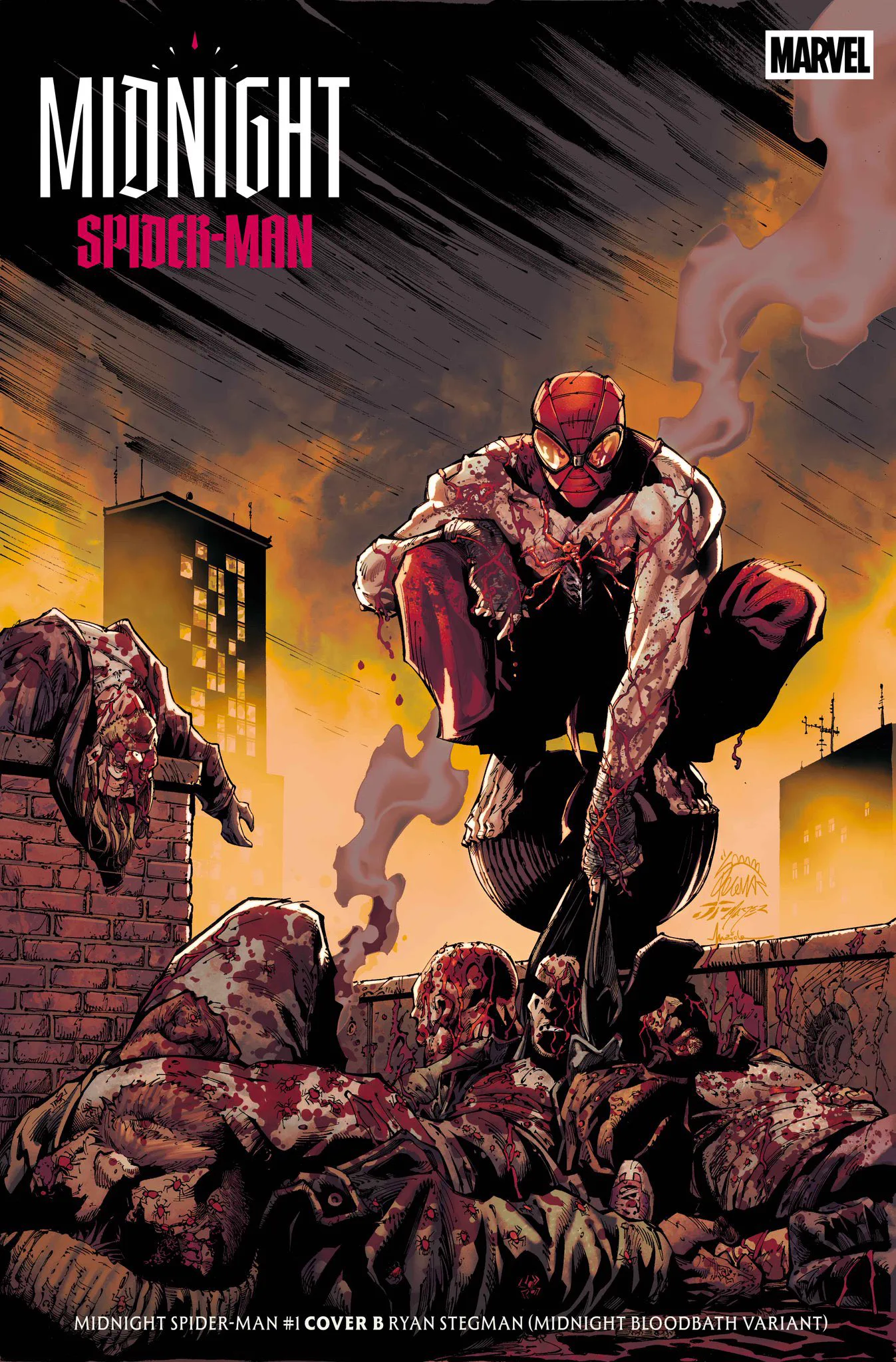 Vollständiges Midnight Spider-Man Variantcover von Ryan Stegman mit Spider-Man zwischen blutigen Körpern
